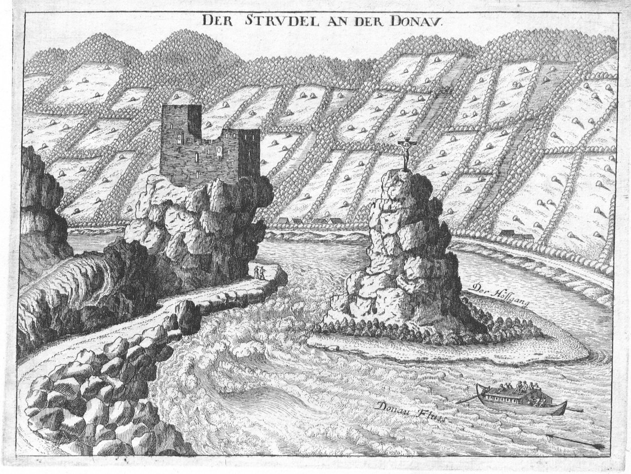 Gravure, uitzicht op kasteel Werfenstein en het eiland Wörth, Opper-Oostenrijk door Georg Matthaus Vischer