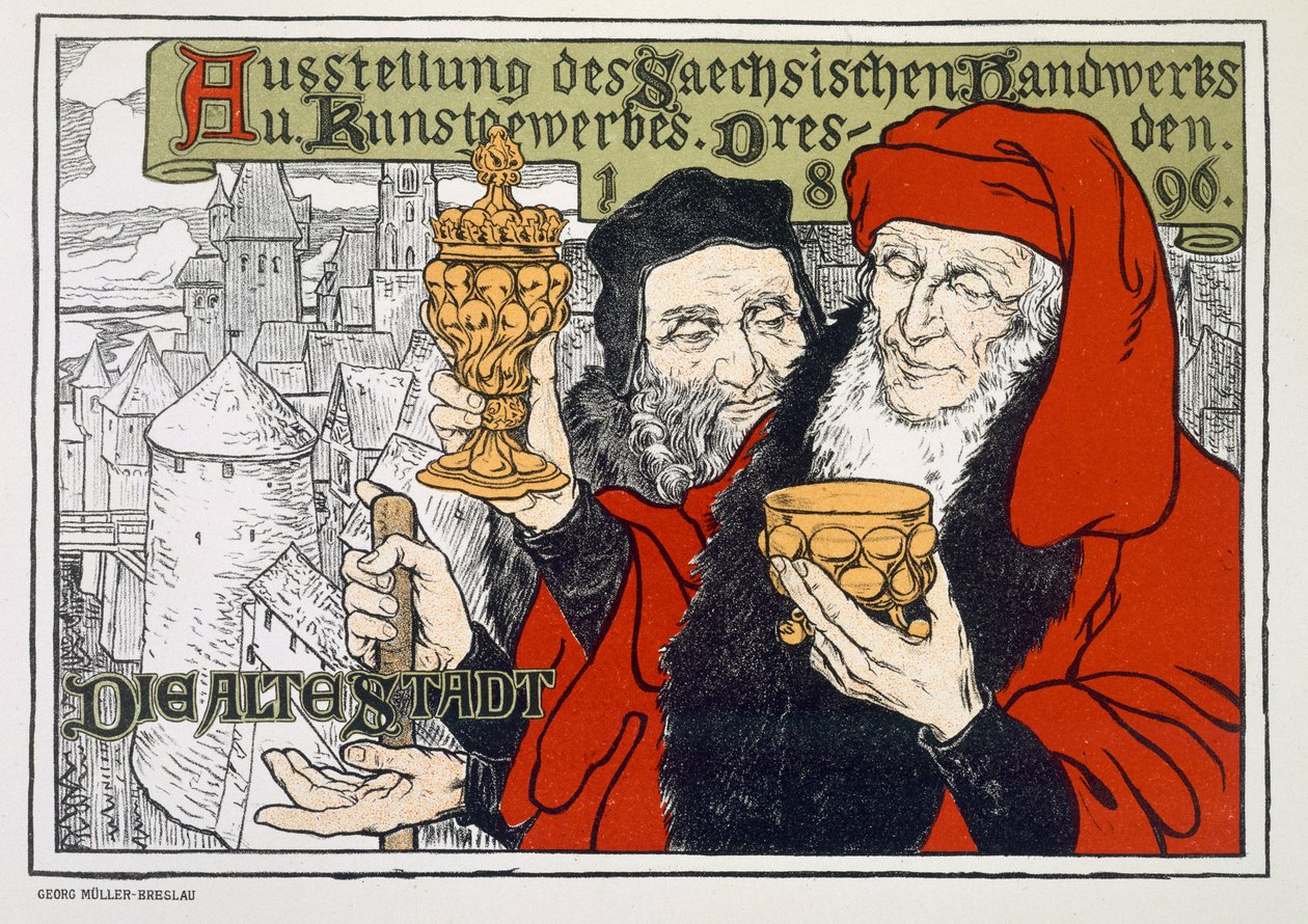 Poster die de Arts and Crafts Tentoonstelling in Dresden, Duitsland adverteert, te houden in de Oude Stad, 1896 door Georg Muller-Breslau