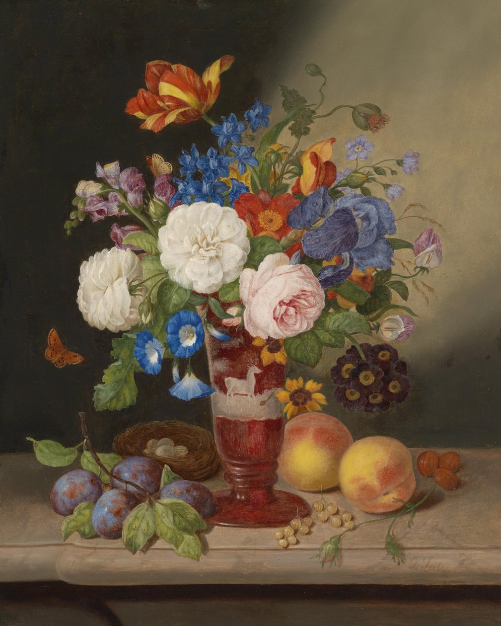 Boeket bloemen in een vaas, omgeven door fruit door Georg Seitz