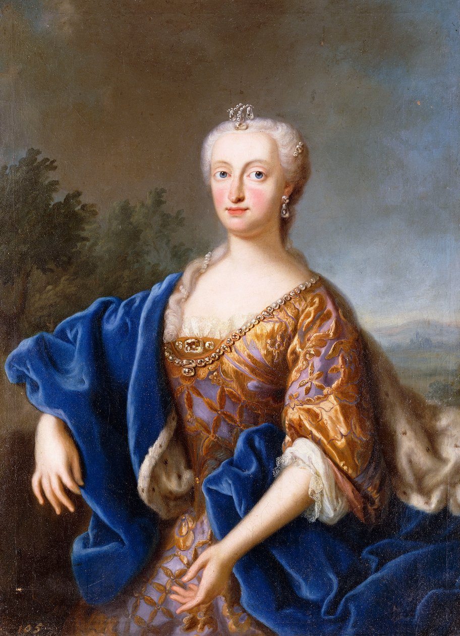 Portret van Maria Amalia, staand driekwart lengte, gekleed in een geborduurde jurk door Georg (circle of) Desmarees
