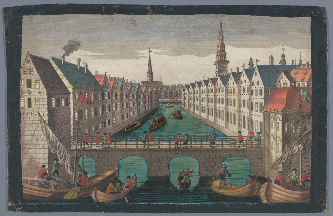Gezicht op de Nikolaifleet tegenover de Sankt Nikolaikirche te Hamburg door Georg Balthasar Probst (possibly)