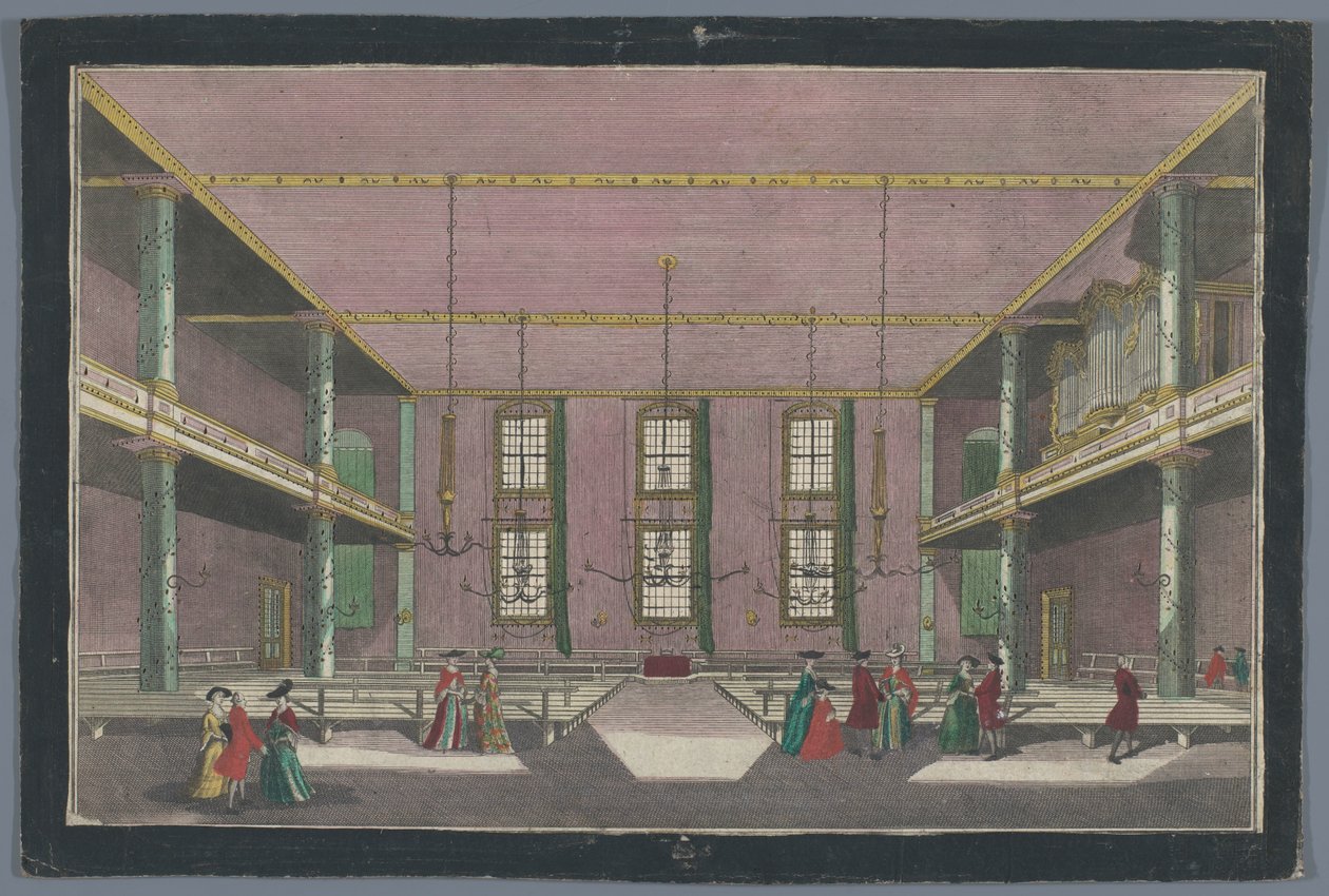 Gezicht op het interieur van de Kerk van de Broedergemeente te Zeist door Georg Balthasar Probst (possibly)