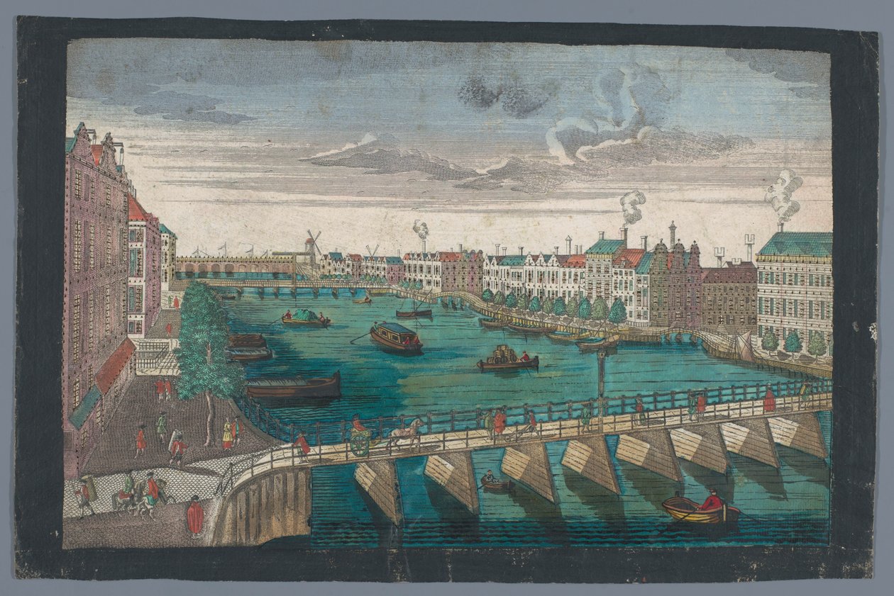 Gezicht op de Binnen-Amstel tussen de Blauwbrug en de Hogesluis te Amsterdam door Georg Balthasar Probst