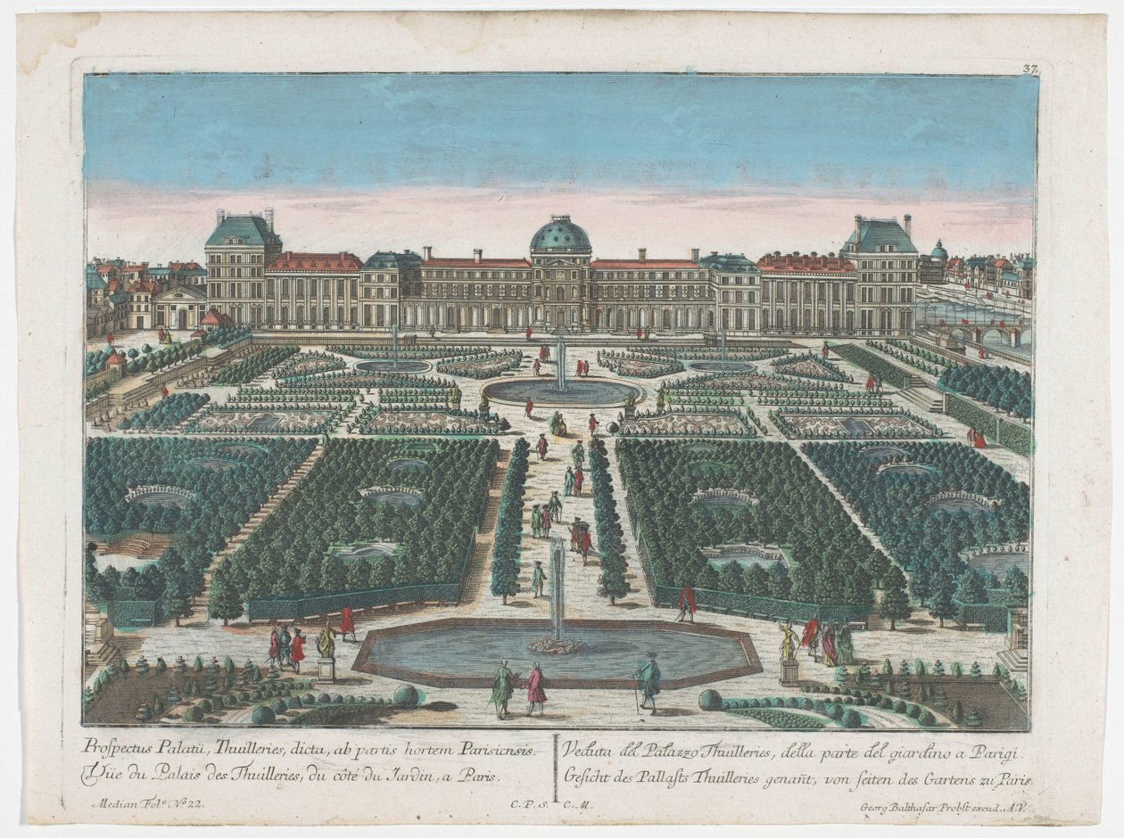 Gezicht op het Palais des Tuileries te Parijs gezien vanaf de Jardin des Tuileries door Georg Balthasar Probst
