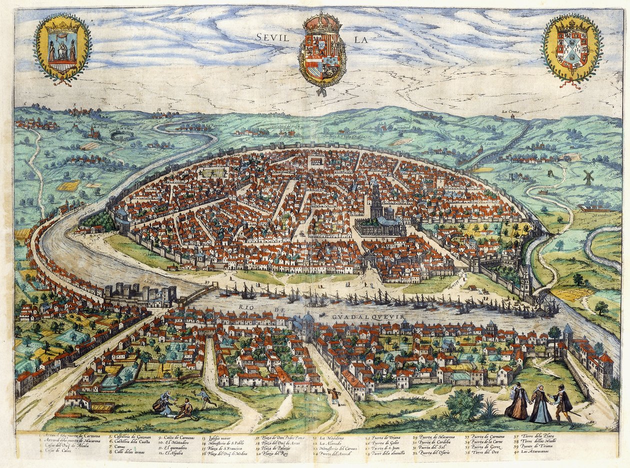 Plan en uitzicht van Sevilla, 1579-1590 door Georg Braun