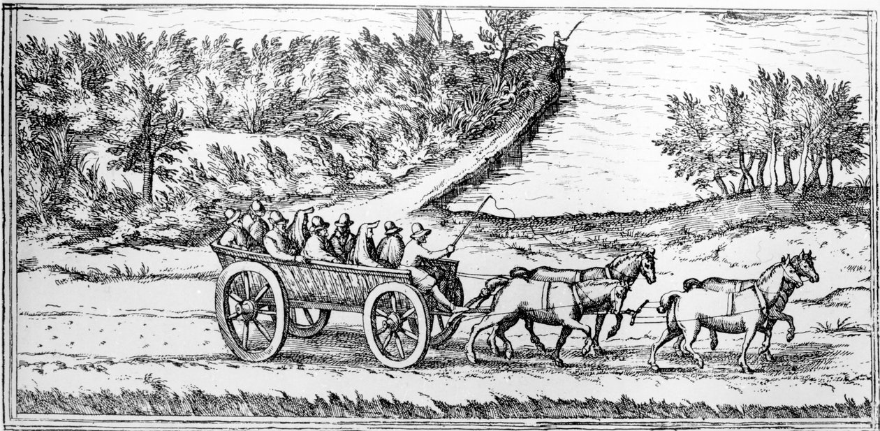 Koets met passagiers in Frankrijk, detail van een kaart, eind 16e eeuw door Georg Braun und Franz Hogenberg