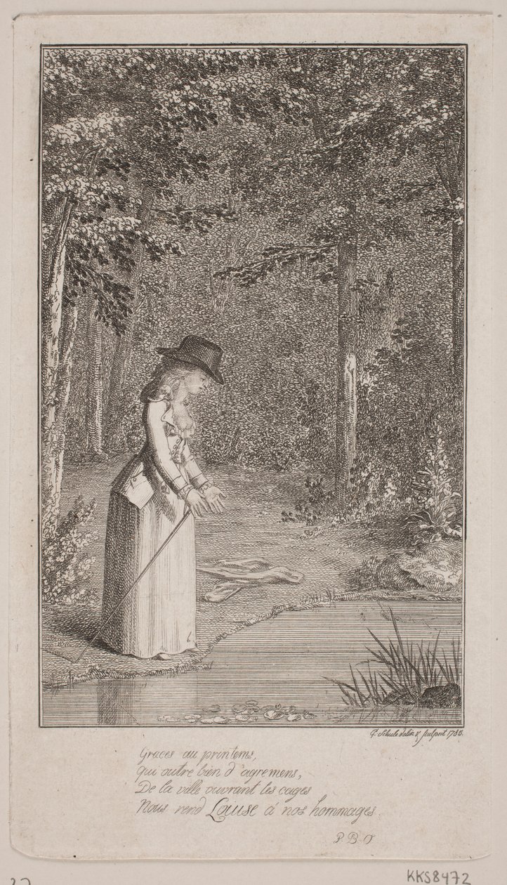 Een jonge dame staat in een bos bij de waterkant door Georg Christian Schule
