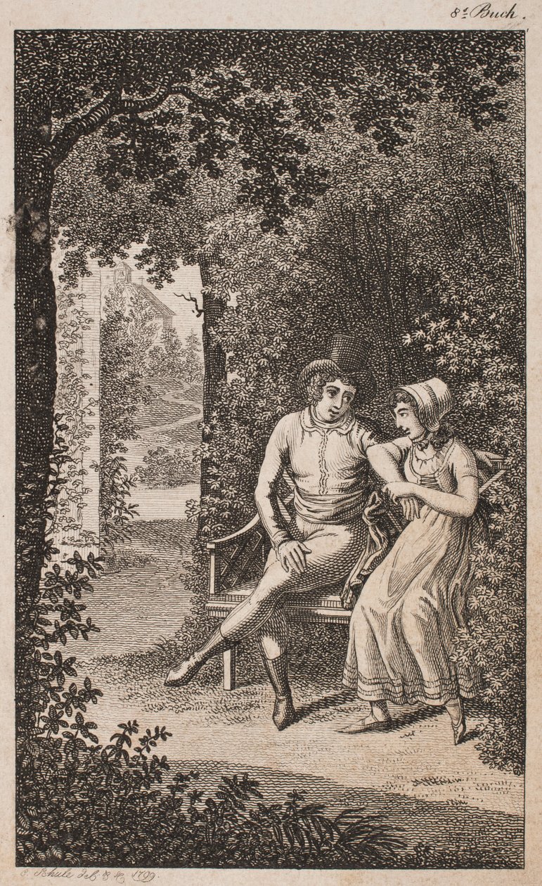 Illustratie met paar op bank in een tuin door Georg Christian Schule