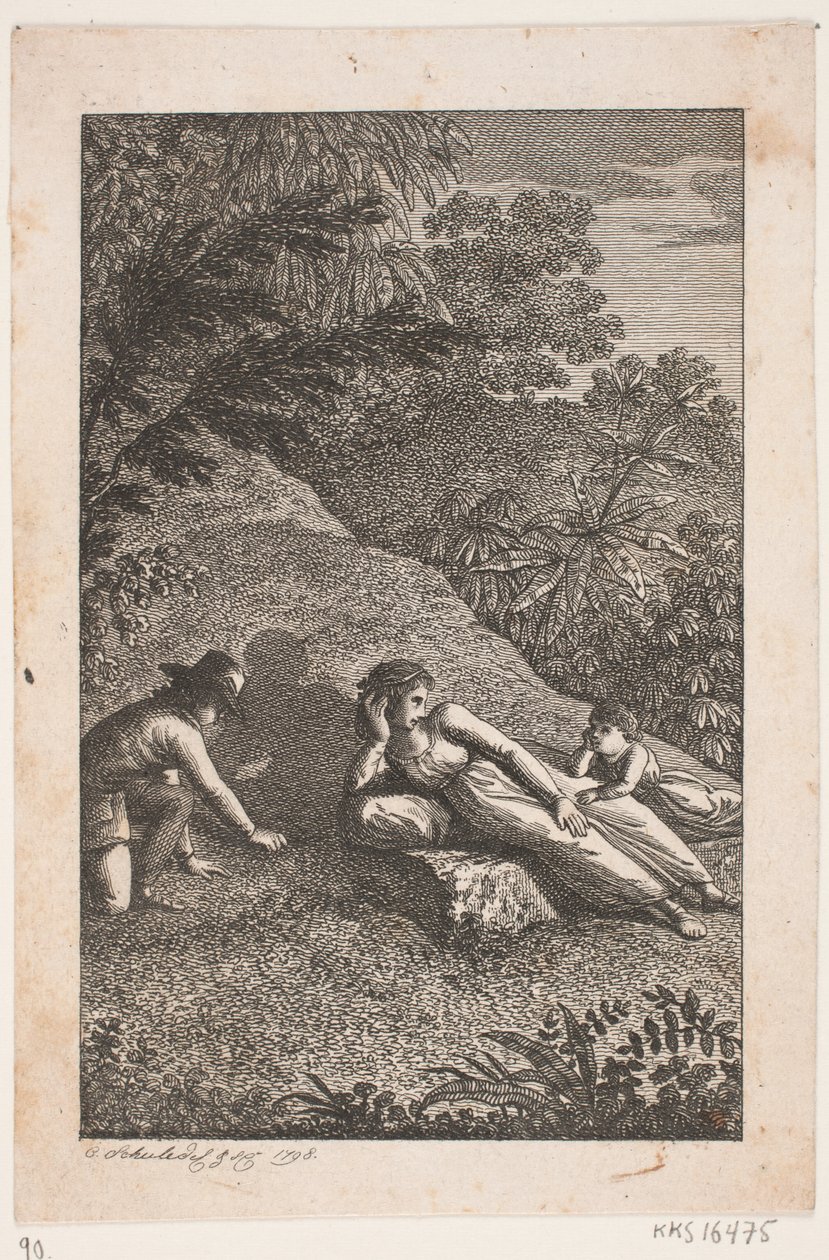 Liggende vrouw met jongen en meisje in een landschap door Georg Christian Schule