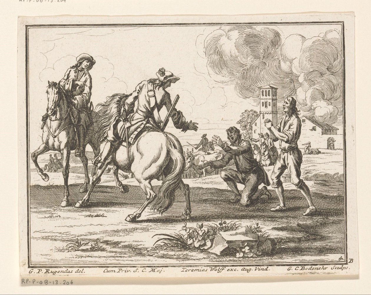 Cavaleristen nemen vee in beslag door Georg Conrad Bodenehr