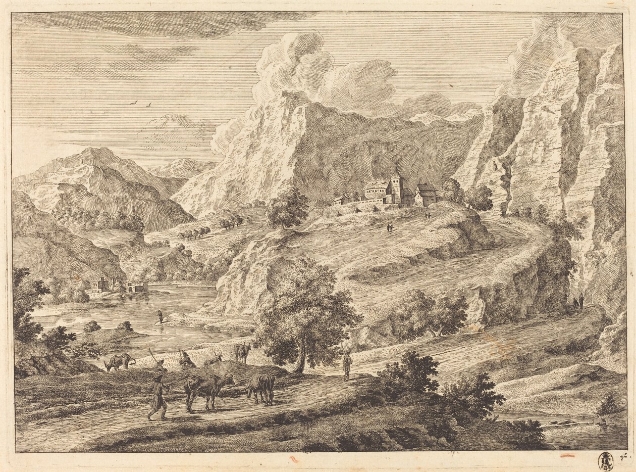 Bergachtig Landschap met Figuren en een Klooster door Georg Eisenmann