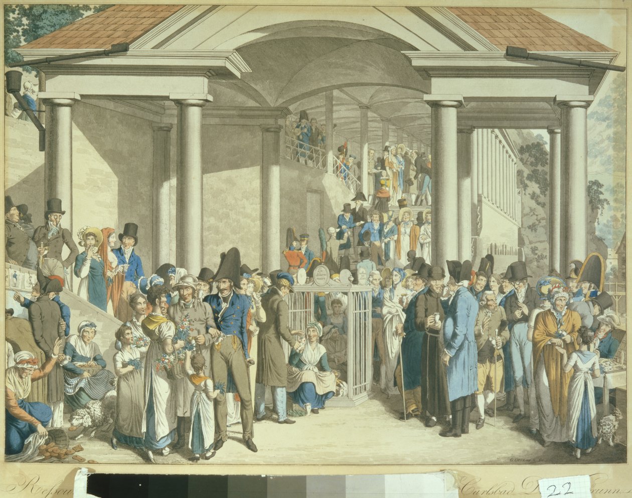 Gezondheidsgemeenschap bij de Karlsbader Fontein, 1810 (aquatint tekening) door Georg Emanuel Opitz