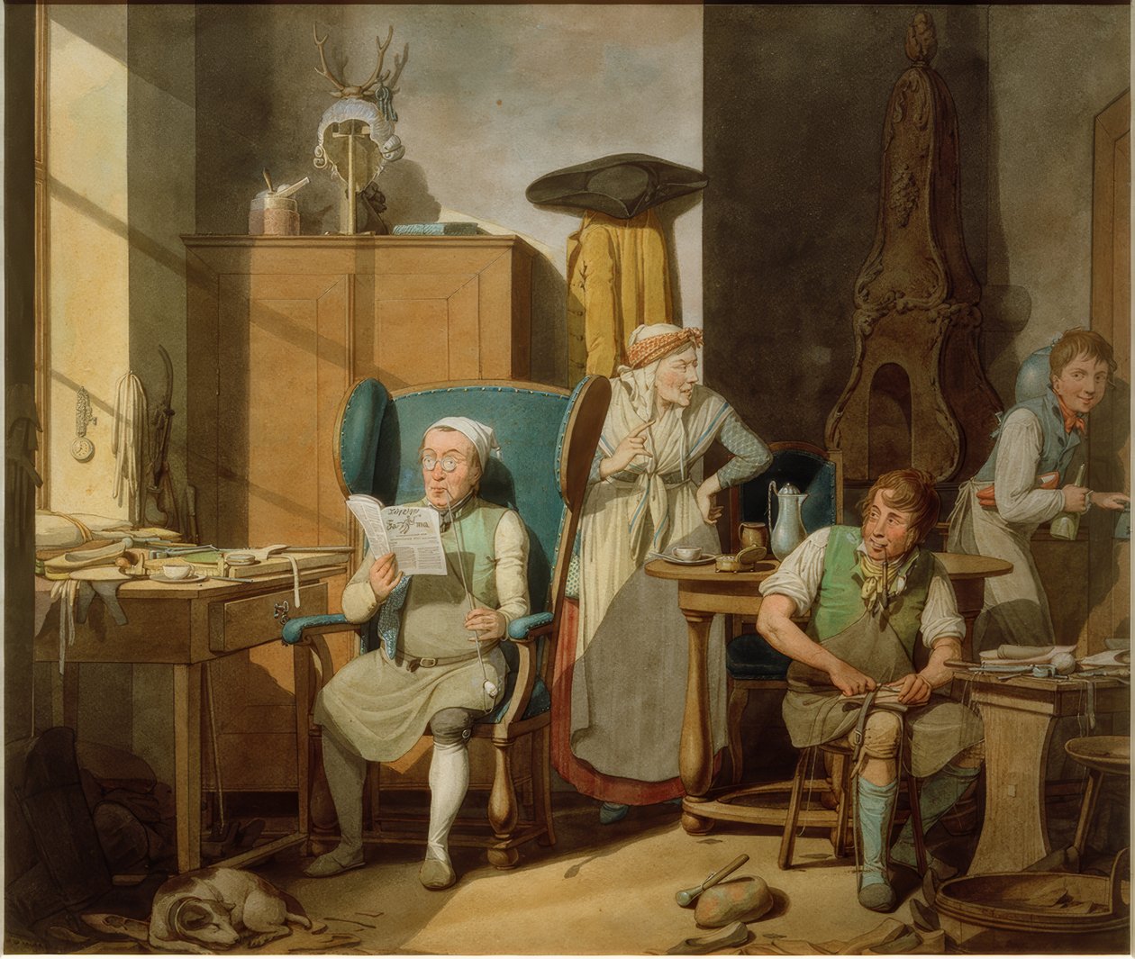 Schoenmakersfamilie in de werkplaats door Georg Emanuel Opitz