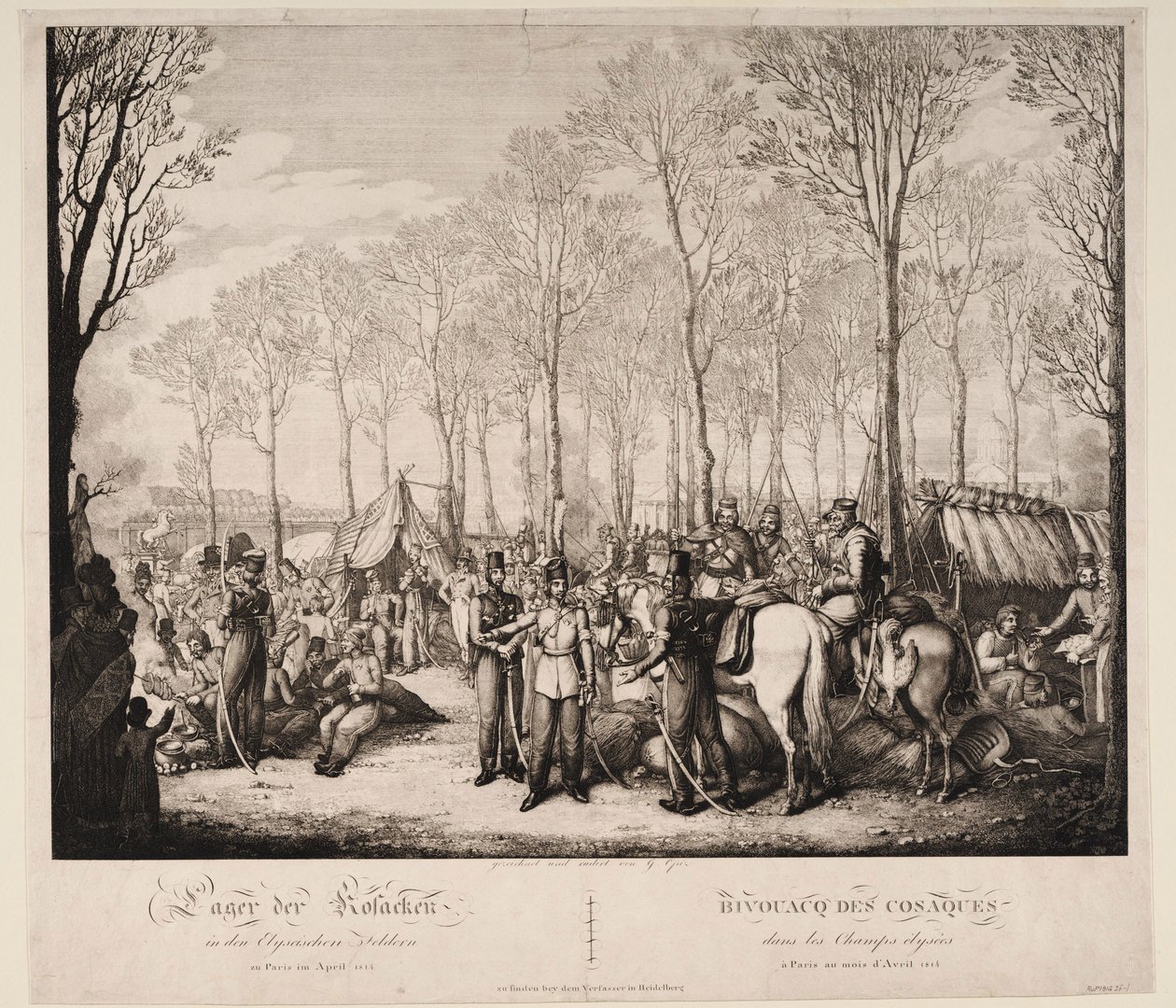 Bivak van de Kozakken op de Avenue des Champs-Elysées in Parijs in april 1814, 1814 door Georg Emanuel Opiz