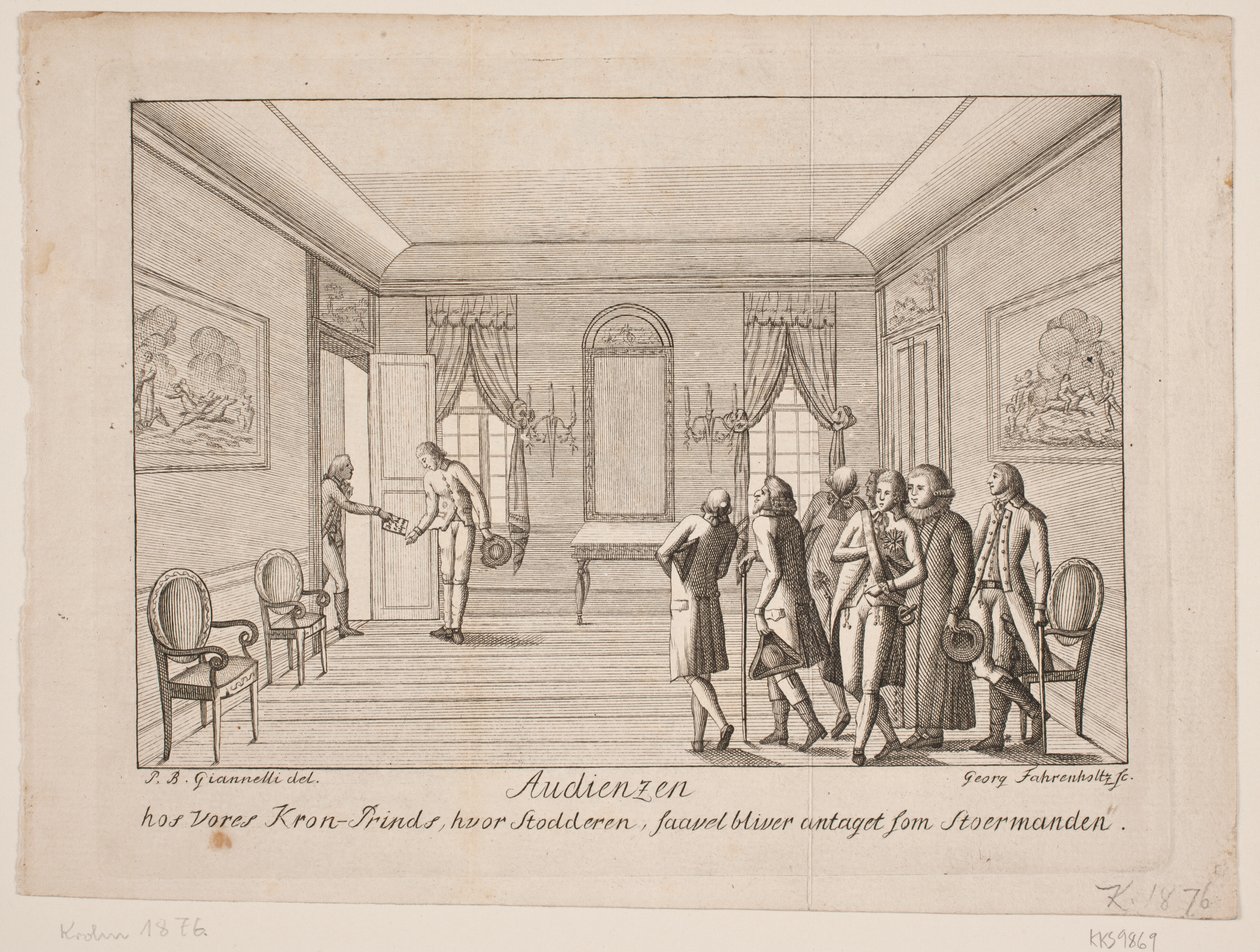 Deens: Titel koper. De audiëntie bij onze kroonprins, waar de bastaard wordt geaccepteerd als de grote man door Georg Fahrenholtz