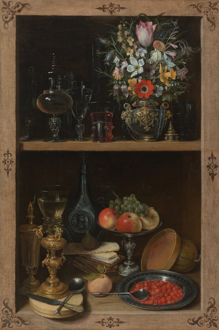 Kast met fruit en bloemen door Georg Flegel
