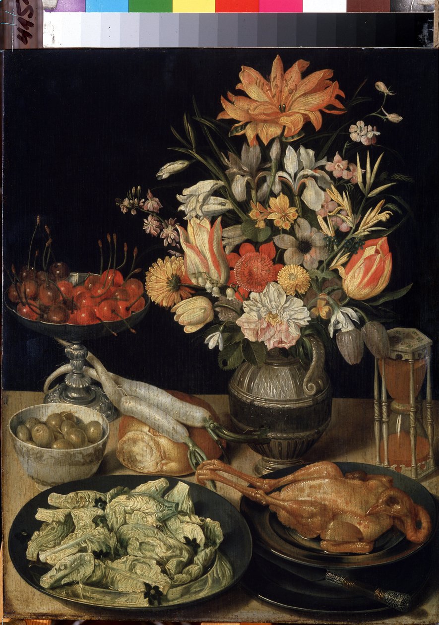 Stilleven met bloemen, kip, zandloper, olijven, kersen en kool door Georg Flegel