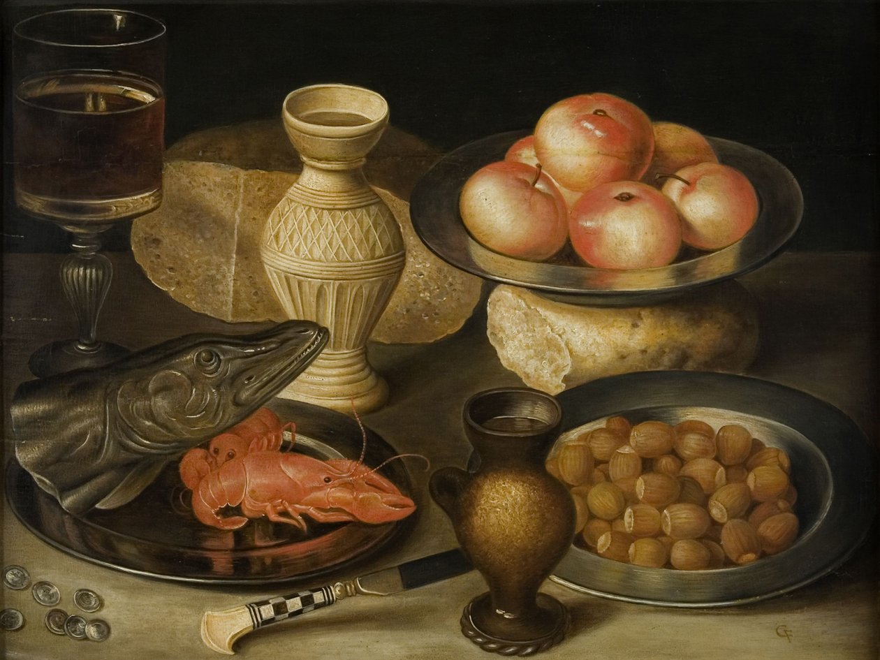 Stilleven met Siegburg steengoed kruik, glas, mes, twee broden, begin 17e eeuw door Georg Flegel
