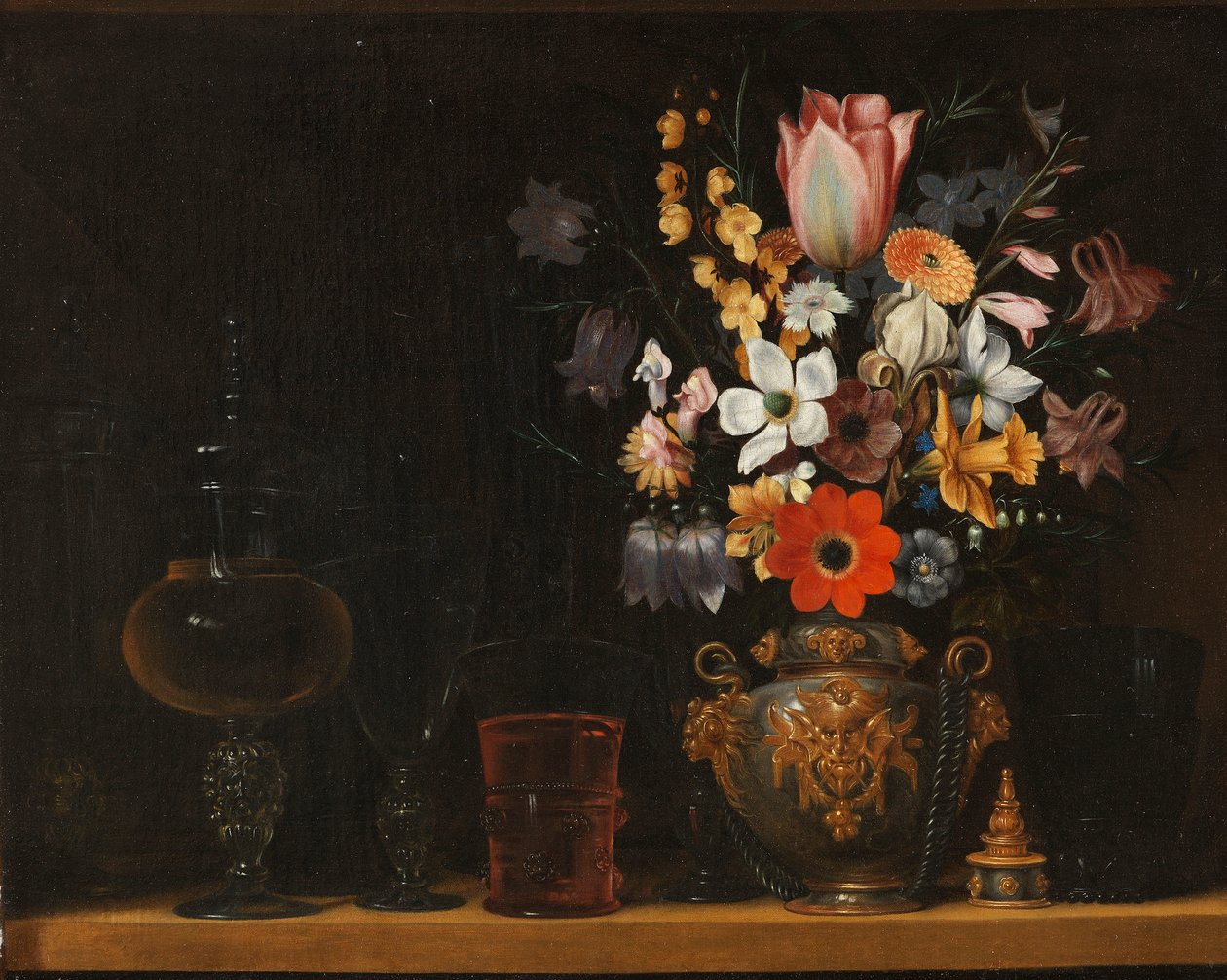Stilleven met een boeket bloemen en glazen bokalen door Georg Flegel