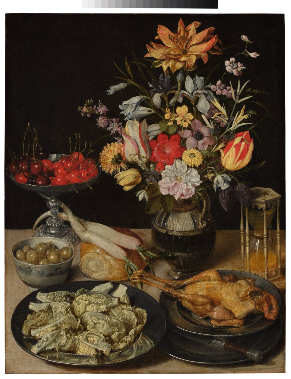 Stilleven met bloemen en etenswaren door Georg Flegel