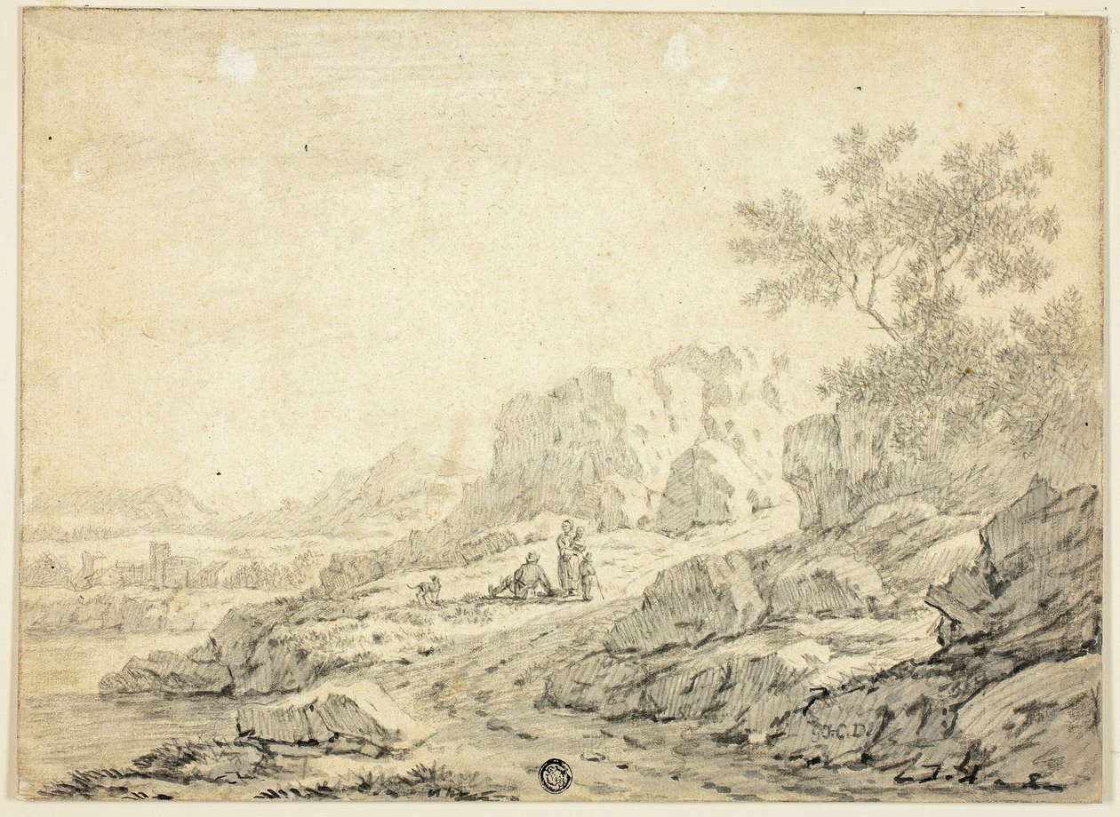 Rotsachtig landschap met figuren en hond op pad door Georg Friedrich Dietzsch