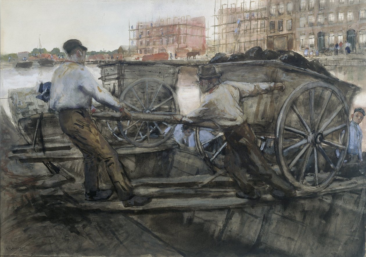 Arbeiders trekken een zwaar beladen kar op de Jacob van Lennepkade, Amsterdam door George Hendrik Breitner