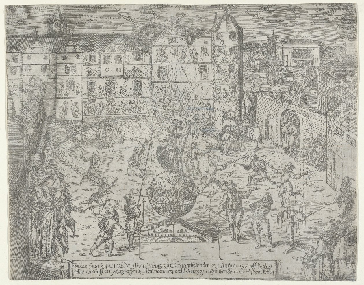 Vuurwerk op 23 juni 1595, voor de intocht in Küstrin van de markgraaf van Brandenburg door Georg Keller