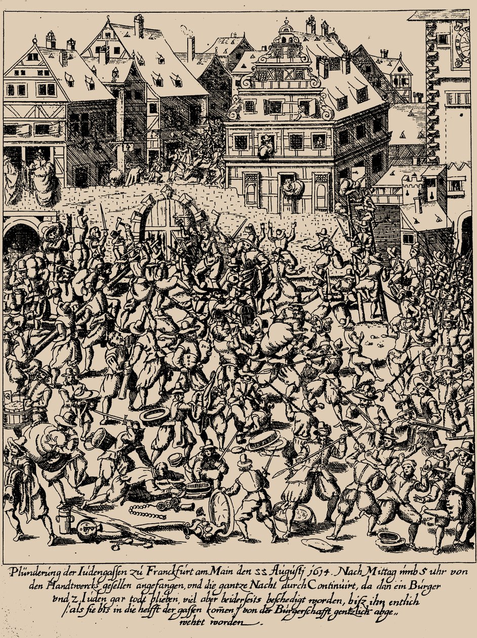 De Fettmilch-opstand. De plundering van de Judengasse in Frankfurt op 22 augustus 1614, ca. 1616-1617 door Georg Keller