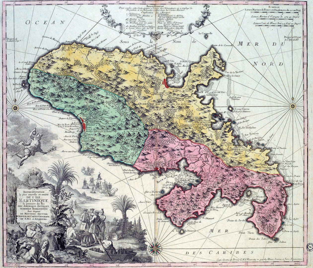 Gedetailleerde kaart van het eiland Martinique in de West-Indië. Gravure door Matthew Seutter, 18e eeuw. Chartres, Musée des Beaux Arts door Georg Matthäus Seutter