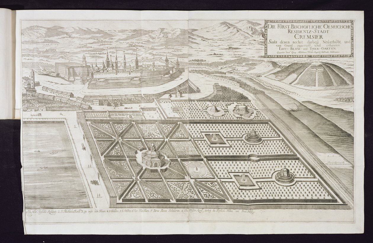 De nieuwe tuinen bij Cremsier, de residentie van de prins-bisschop, gepubliceerd ca. 1700 door Georg Matthaus Vischer