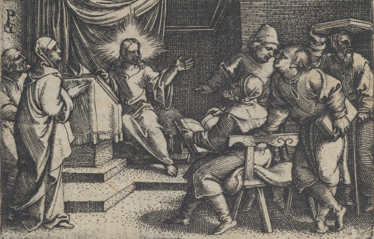 Christus met de Dokters in de Tempel, uit Het Verhaal van Christus, 1534-35 door Georg Pencz