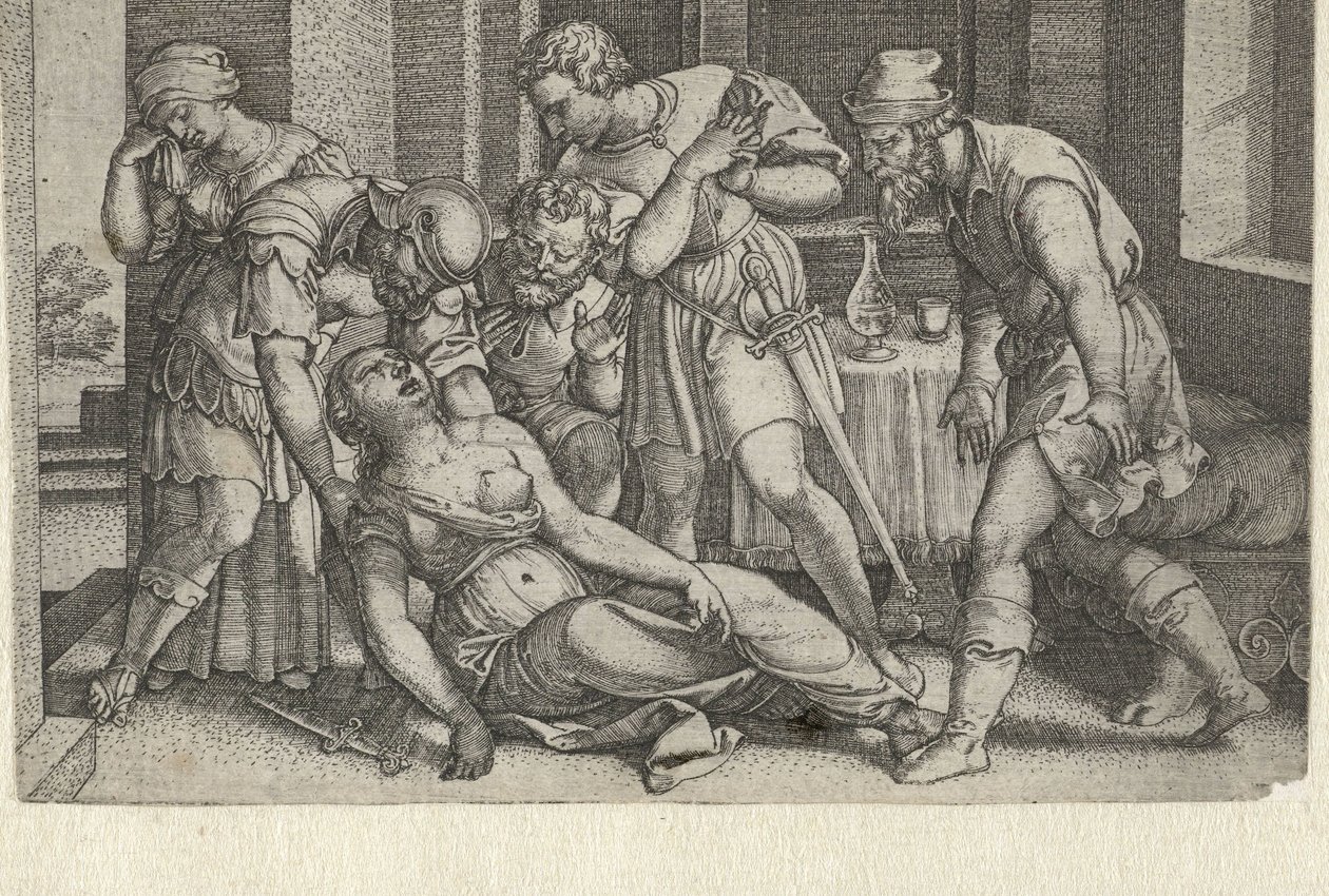 Collatinus en Brutus bij de stervende Lucretia door Georg Pencz