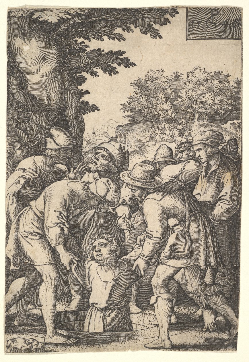 Jozef in een put neergelaten door zijn broers, uit de serie Het verhaal van Jozef, 1546 door Georg Pencz