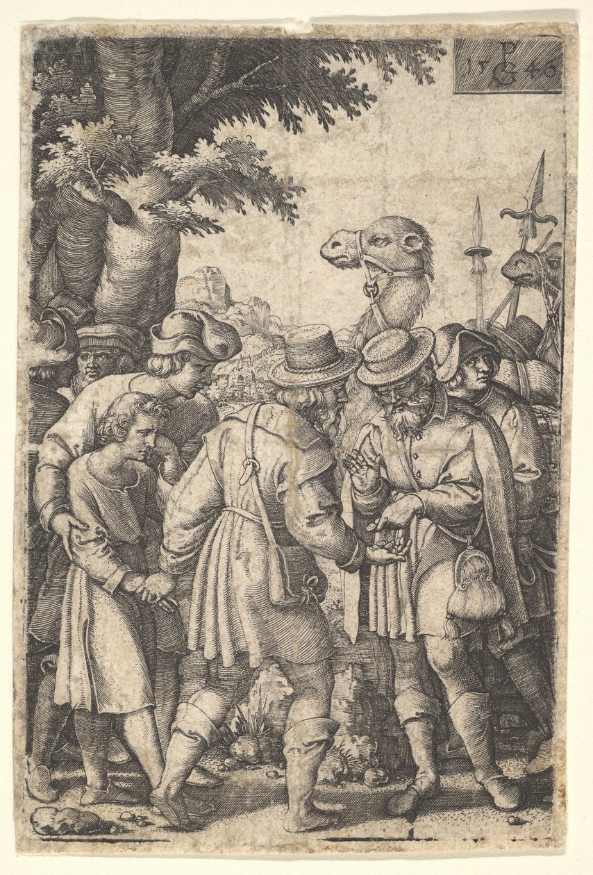 Jozef verkocht aan de kooplieden: een bebaarde man grijpt Jozef met zijn linkerhand en ontvangt co... door Georg Pencz