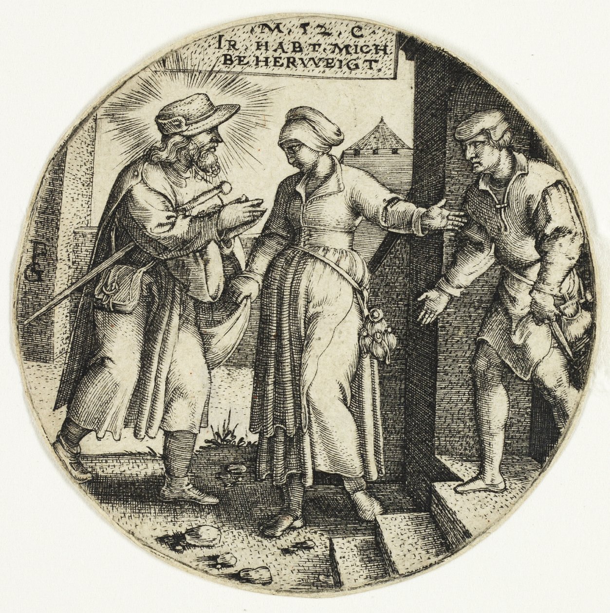 Vreemdelingen beschutten, uit De Zeven Werken van Barmhartigheid door Georg Pencz