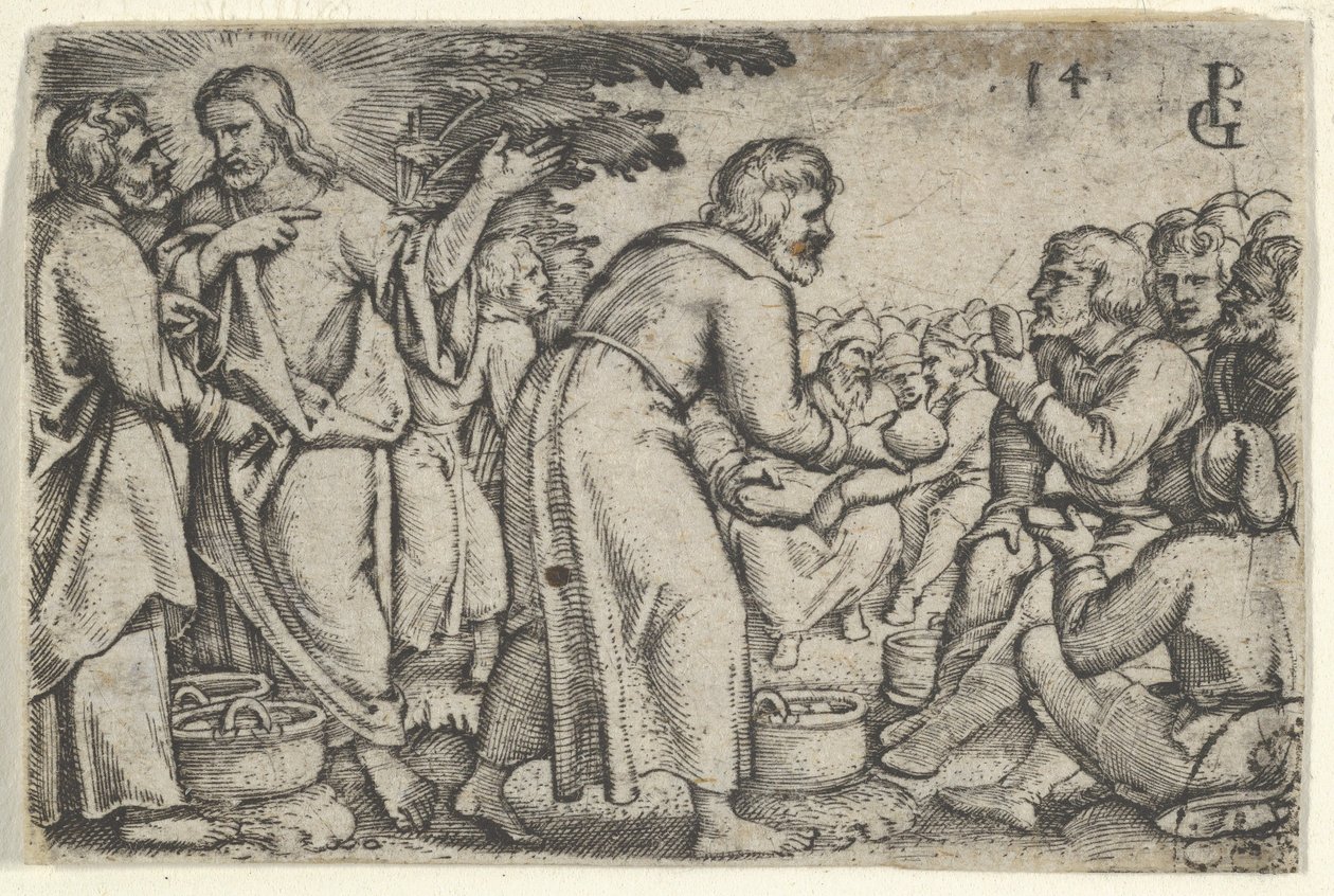 Het wonder van de broden en de vissen, uit Het verhaal van Christus, 1534-35 door Georg Pencz