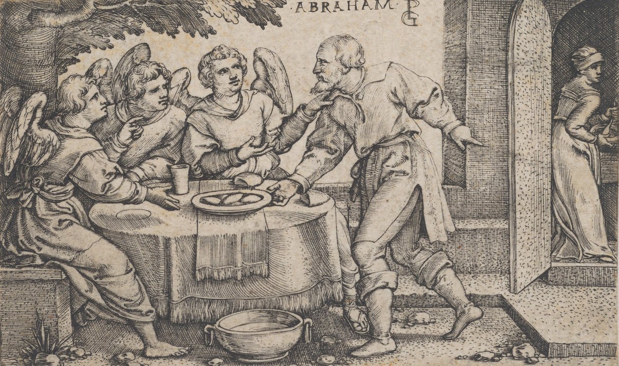 De drie engelen bezoeken Abraham, uit Het verhaal van Abraham door Georg Pencz