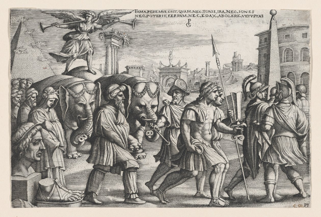 De triomf van roem op kuisheid, uit de Triomfen van Petrarca door Georg Pencz