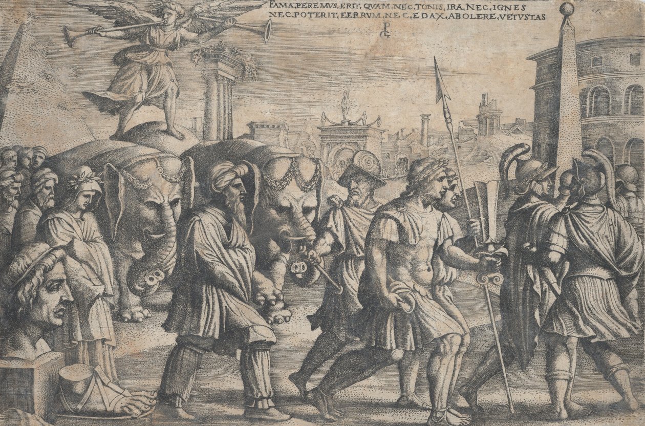 De triomf van roem op kuisheid, uit De triomfen van Petrarca door Georg Pencz