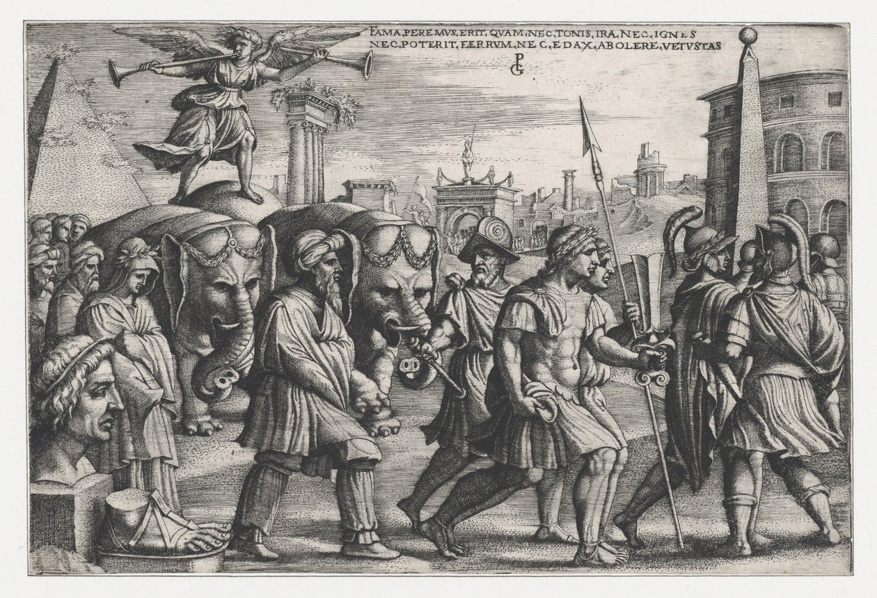 De triomf van roem op kuisheid, uit De Triomfen van Petrarca door Georg Pencz