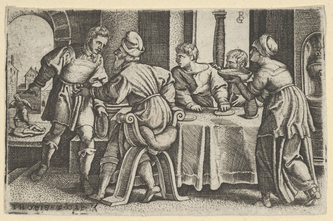 Tobias verlaat de tafel, uit Het verhaal van Tobias door Georg Pencz