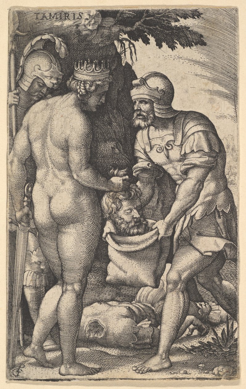 Tomyris, naakt van achteren getoond, plaatst het hoofd van Cyrus in een zak gehouden door een soldaat, ca. 1539 door Georg Pencz