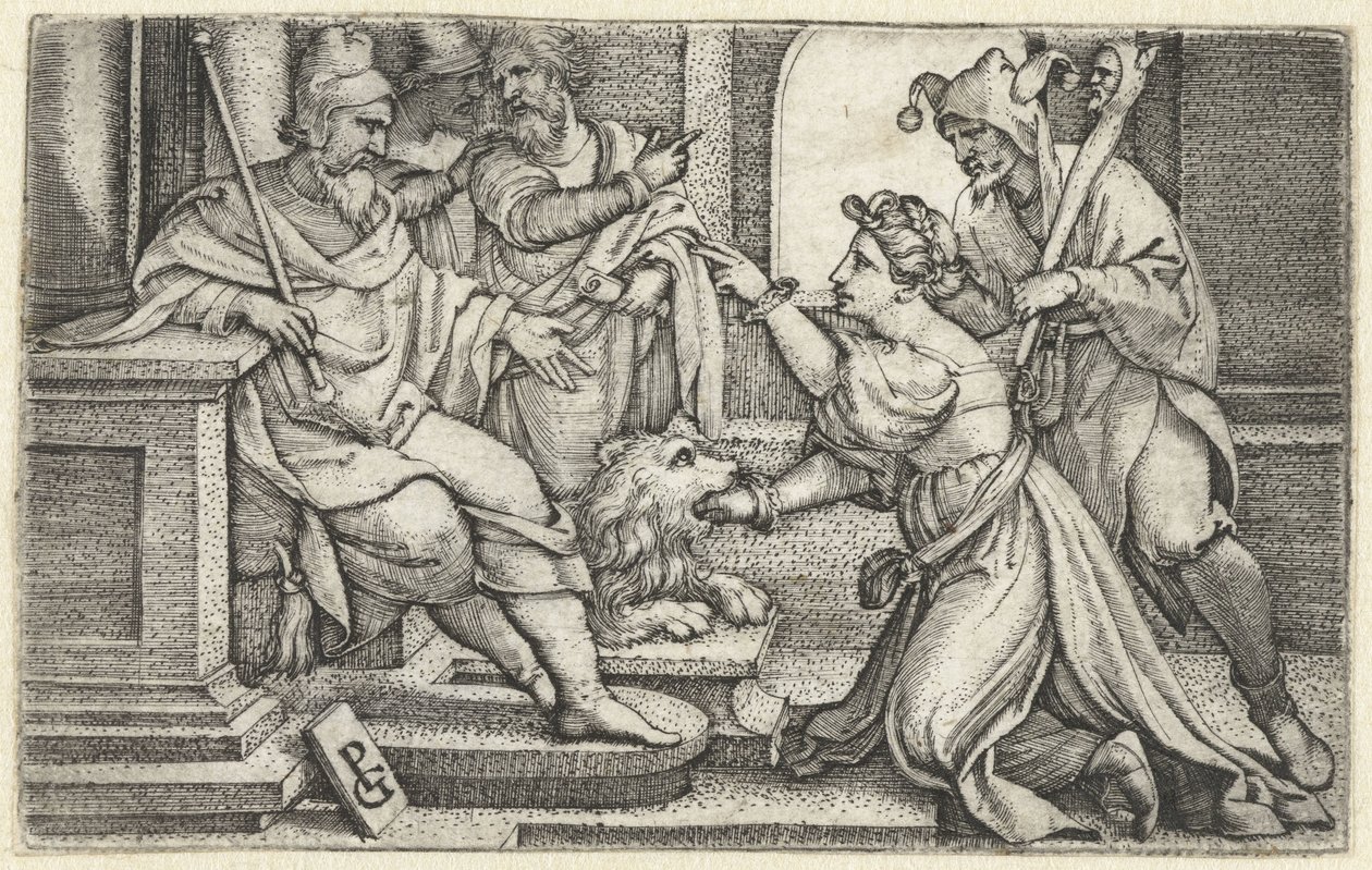 Vrouw verklaart onder ede haar onschuld door Georg Pencz