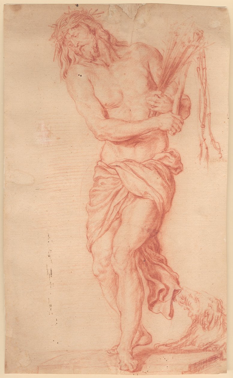 Ecce Homo. Staande, lijdende Christus met roede en knoestige zweep en doornenkroon op het hoofd door Georg Petel