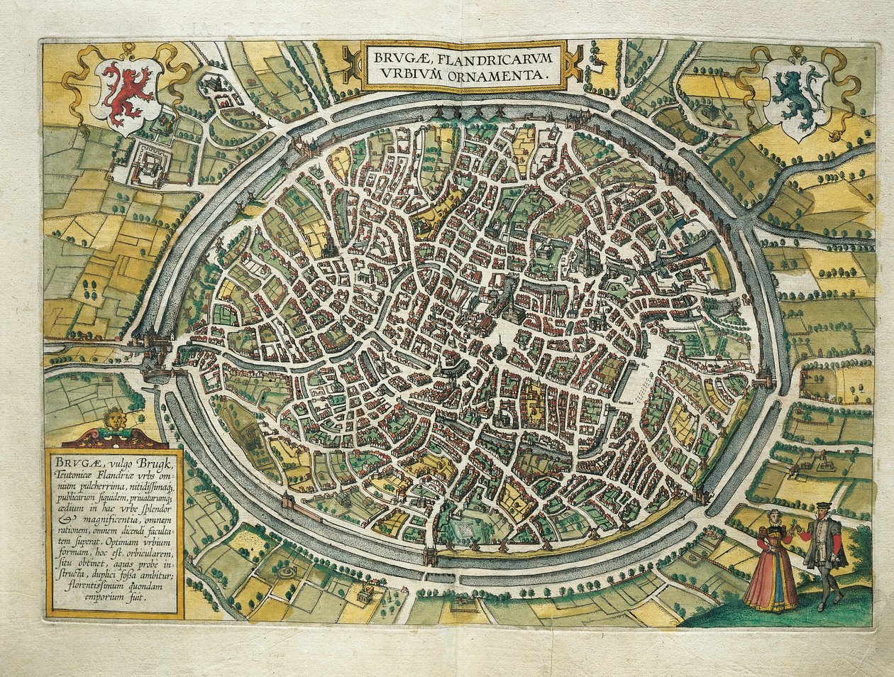 Kaart van Brugge, België, uit Civitates Orbis Terrarum door Georg Braun en Franz Hogenberg, Keulen, gravure door Georg Braun and Hogenberg Franz