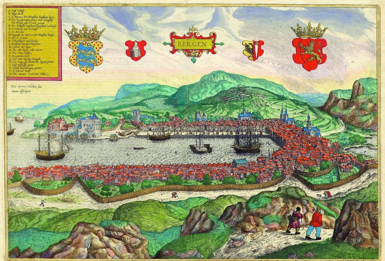Bergen, Noorwegen door Georg and Hogenberg Franz (1535 90) Braun
