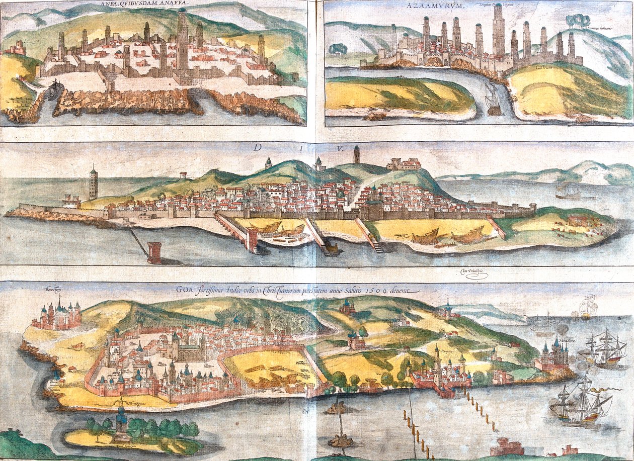 Casablanca, Azemmour, Diu, Goa, Marokko, India door Georg and Hogenberg Franz (1535 90) Braun