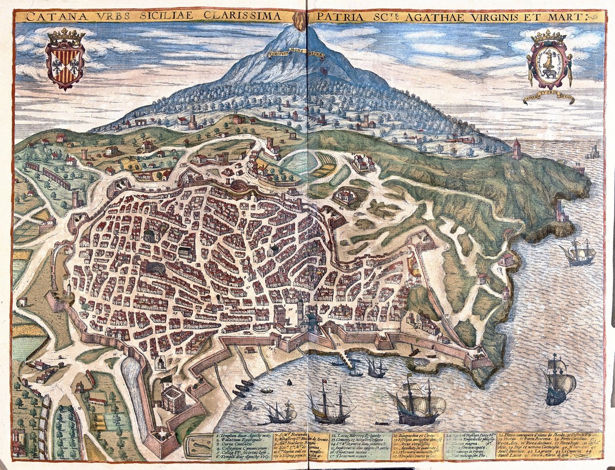 Catania, met Etna op de achtergrond, Sicilië, Italië (gravure) door Georg Braun and Hogenberg Franz