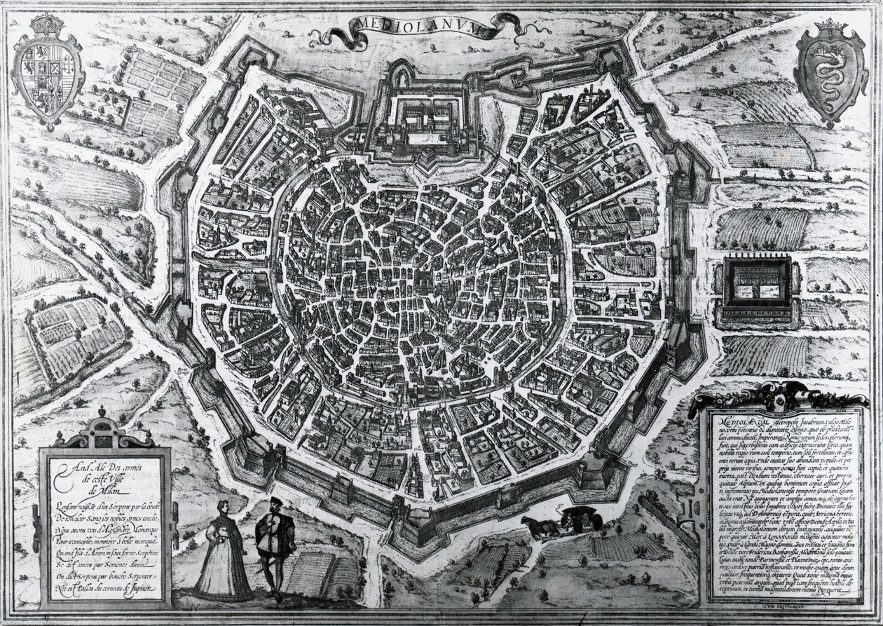 Stadskaart van Milaan, 1572, door Antonio Lafreri, gepubliceerd door Georg Braun en Franz Hogenberg, Italië door Georg Braun and Hogenberg Franz
