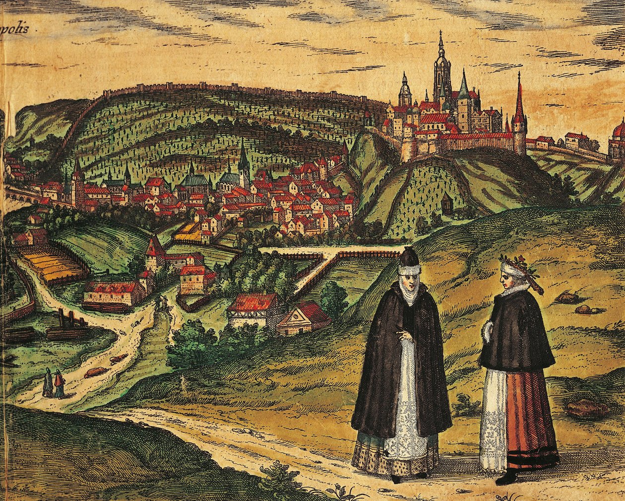 Tsjechië, Praag, Uitzicht op de stad met de citadel op de achtergrond, kleuren gravure uit Civitates Orbis Terrarum door Georg Braun (1541-1622) en Franz Hogenberg (1535-1590) door Georg Braun and Hogenberg Franz